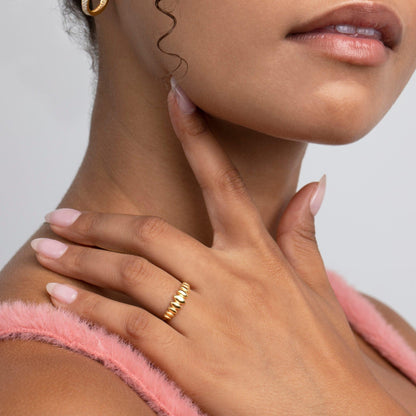 The Statement Minimalist Adjustable Ring styled in 18K Gold Vermeil — elegant everyday jewelry. Tarnish-resistant.
