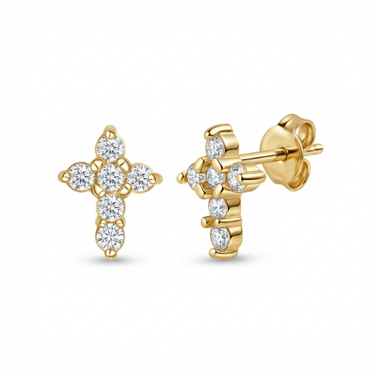 Sterling Silver Diamond Cross Stud Earrings in 18K Gold Vermeil with CZ Diamond. No green marks, perfect for daily wear.