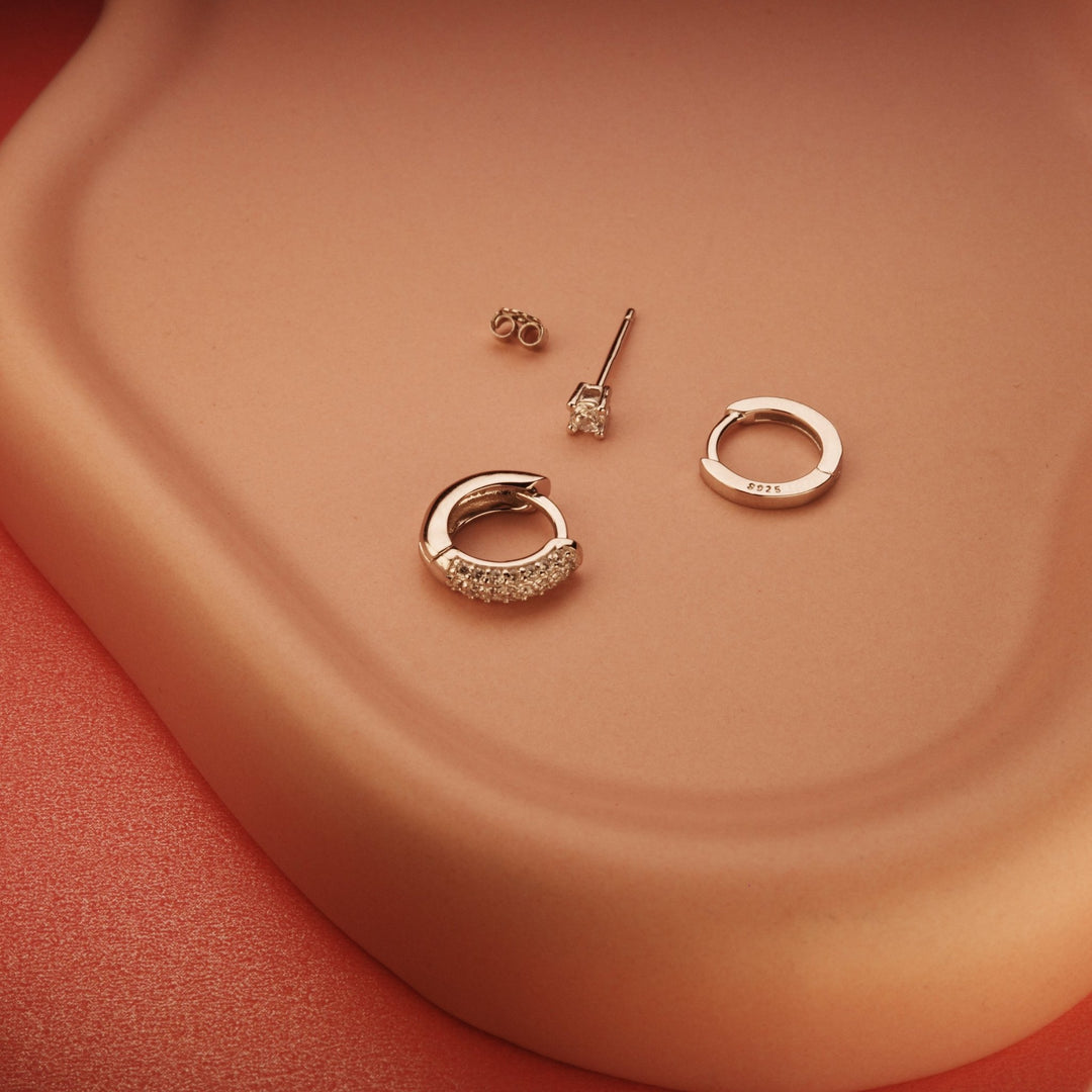 Sterling Silver Earring Set styled with complementary pieces in 18K Gold Vermeil. Hypoallergenic for sensitive ears.