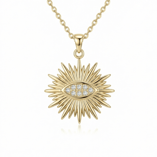 Sun Evil Eye Necklace in 14K solid gold: a sunburst pendant with eight CZ stones set in an almond-shaped eye at its center.