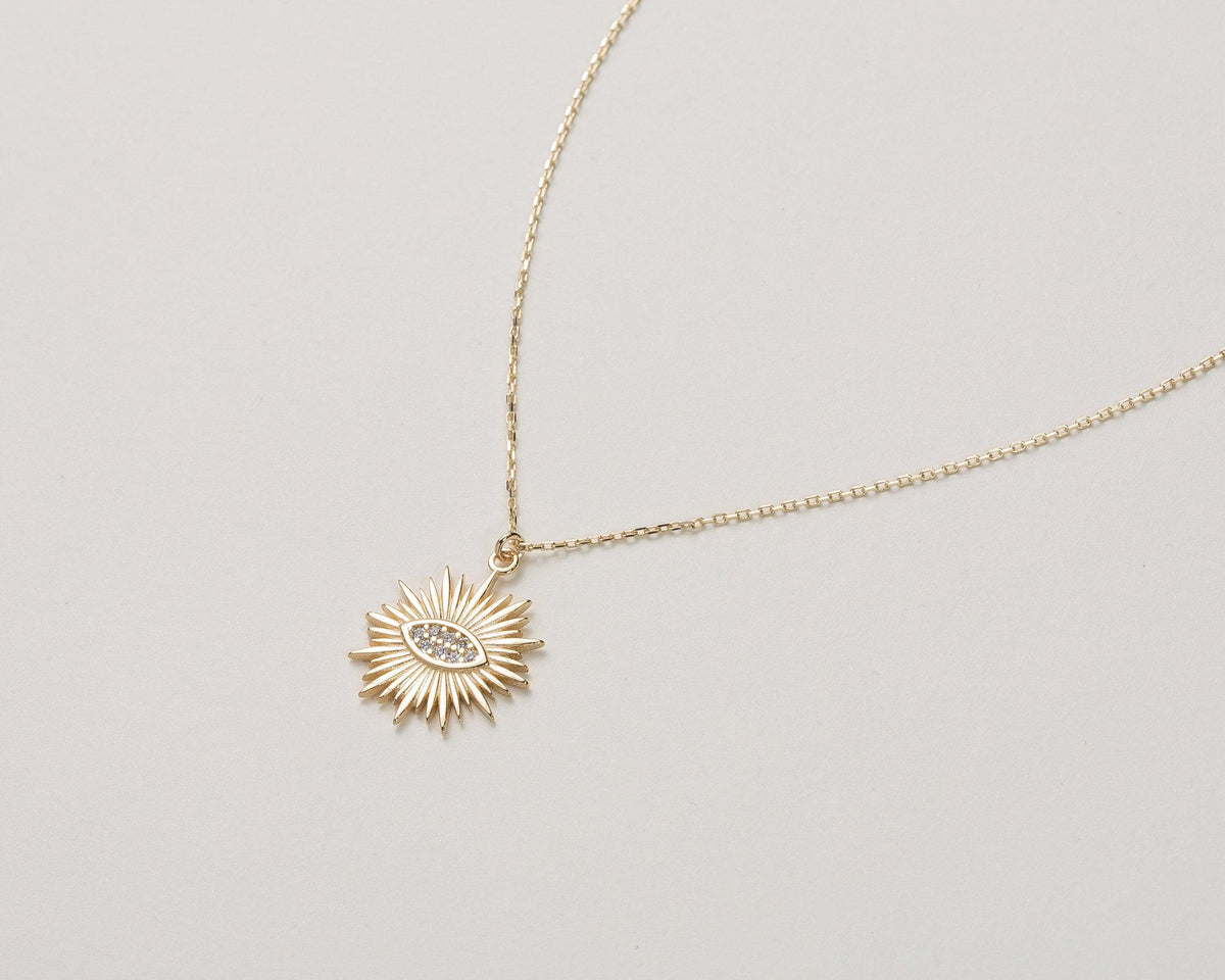 Sun Evil Eye Necklace in Glamour Jewelry House gift box — 18K Gold Vermeil graduation gift. Tarnish-resistant.
