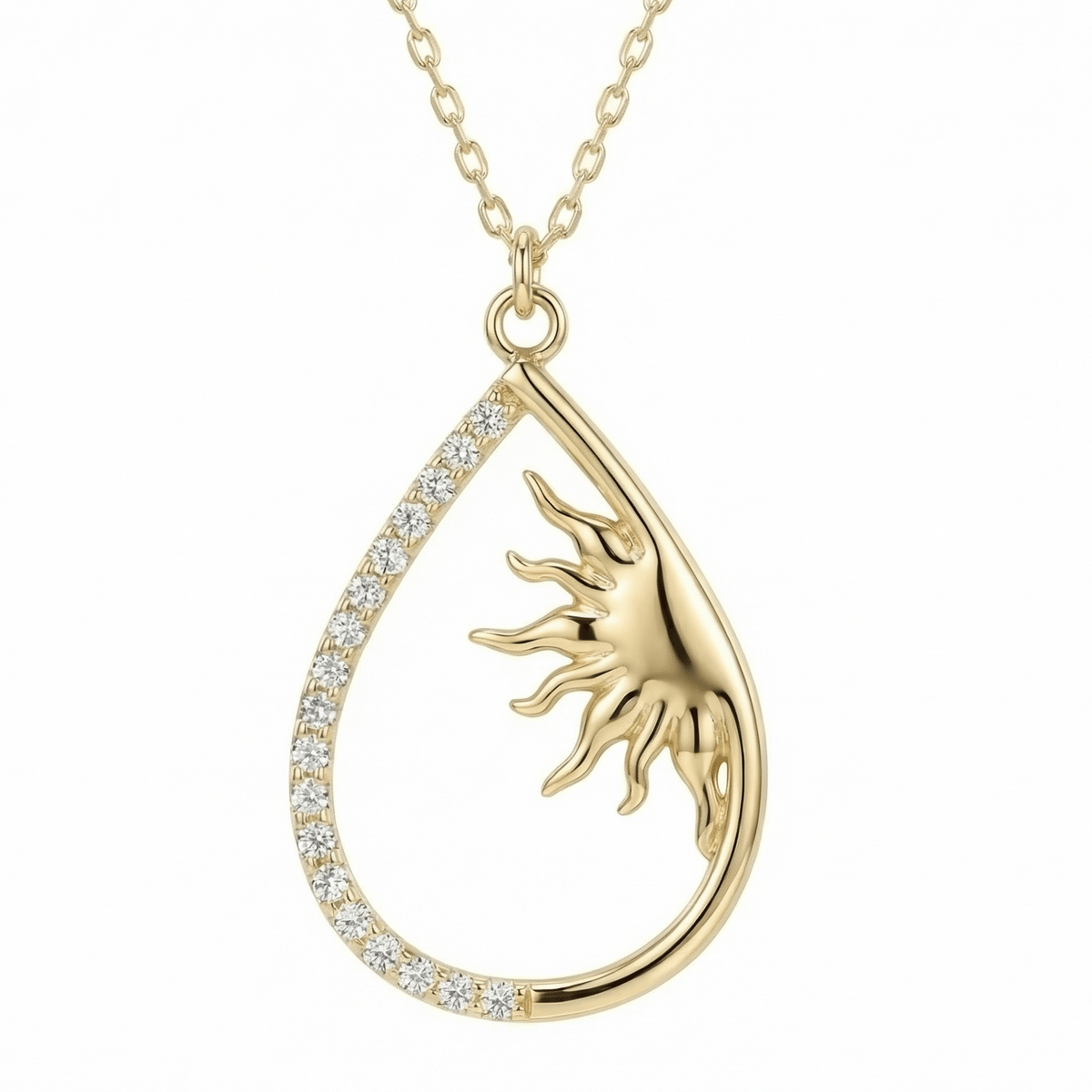 Sun Necklace in 14K solid gold: an open teardrop with a row of clear CZ stones down one side and a sculpted sun with wavy rays inside, on a gold chain.