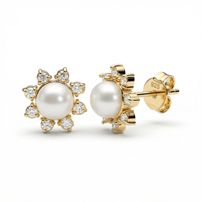 Sun Pearl Stud Earrings in 18K Gold Vermeil with Freshwater Pearl. No green marks, perfect for daily wear.
