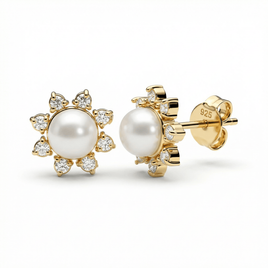 Sun Pearl Stud Earrings in 18K Gold Vermeil with Freshwater Pearl. No green marks, perfect for daily wear.