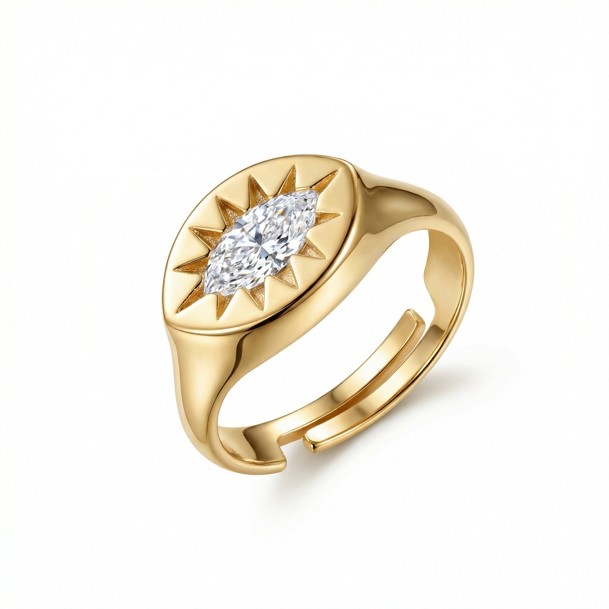 Sun Star Diamond Signet Ring in 18K Gold Vermeil with CZ Diamond. Tarnish-resistant, perfect for daily wear.