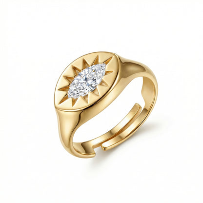 Sun Star Diamond Signet Ring in 18K Gold Vermeil with CZ Diamond. Tarnish-resistant, perfect for daily wear.