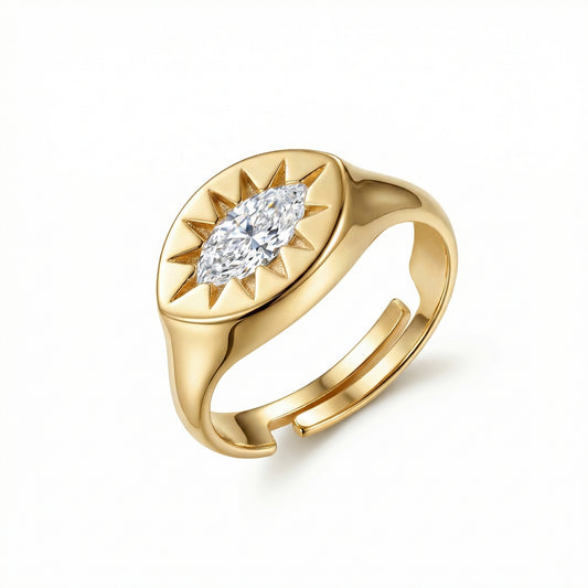 Sun Star Diamond Signet Ring in 18K Gold Vermeil with CZ Diamond. Tarnish-resistant, perfect for daily wear.