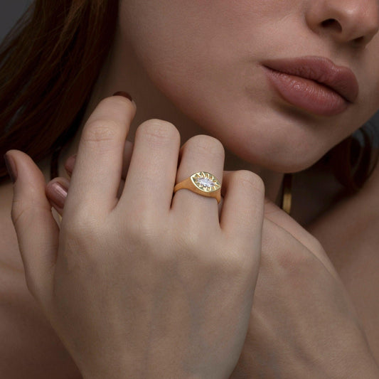 Close detail of the Sun Star Diamond Signet Ring in 18K Gold Vermeil with CZ Diamond. Hypoallergenic, no green marks.
