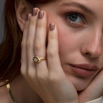 Macro detail of the Sun Star Diamond Signet Ring: CZ Diamond set in 18K Gold Vermeil. Tarnish-resistant, handmade jewelry.