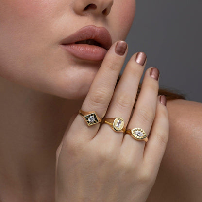 Sun Star Diamond Signet Ring as a thoughtful birthday gift in 18K Gold Vermeil with CZ Diamond. Hypoallergenic, no green.