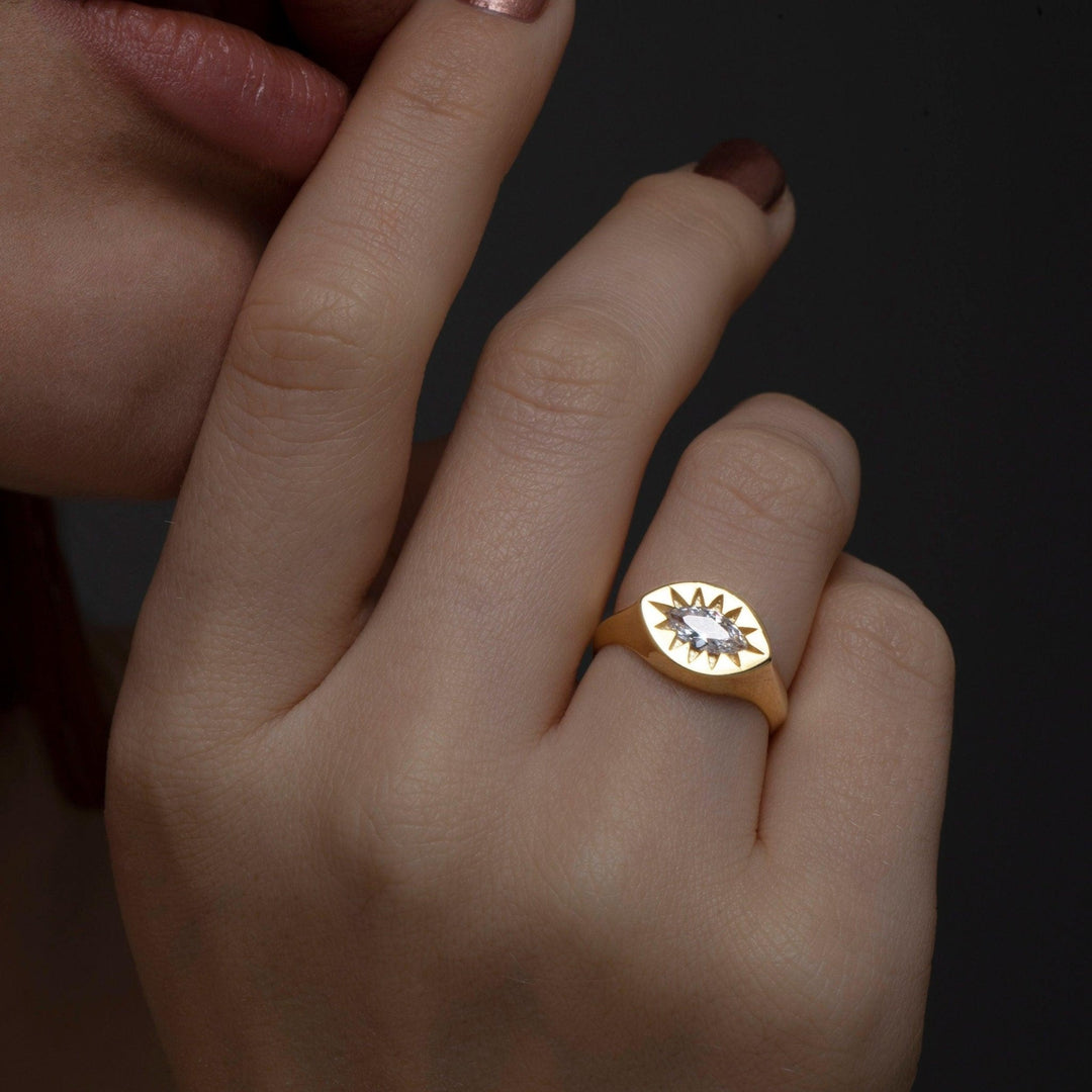 The Sun Star Diamond Signet Ring styled in 18K Gold Vermeil — elegant everyday jewelry. Tarnish-resistant.