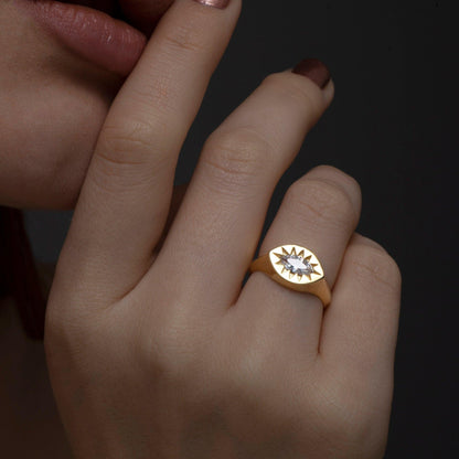 The Sun Star Diamond Signet Ring styled in 18K Gold Vermeil — elegant everyday jewelry. Tarnish-resistant.