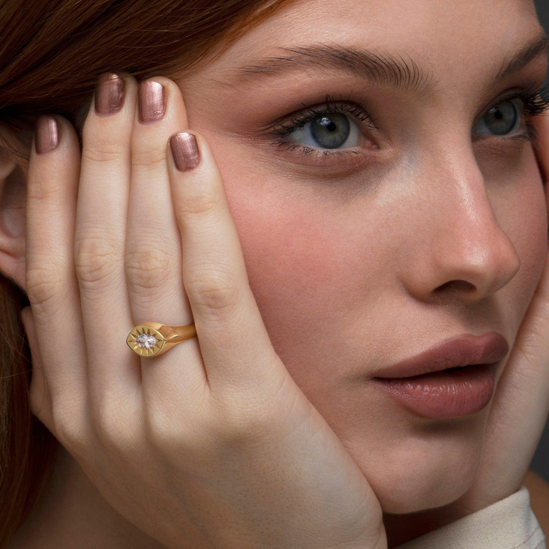 Sun Star Diamond Signet Ring in Glamour Jewelry House gift box — 18K Gold Vermeil graduation gift. Hypoallergenic, no green.