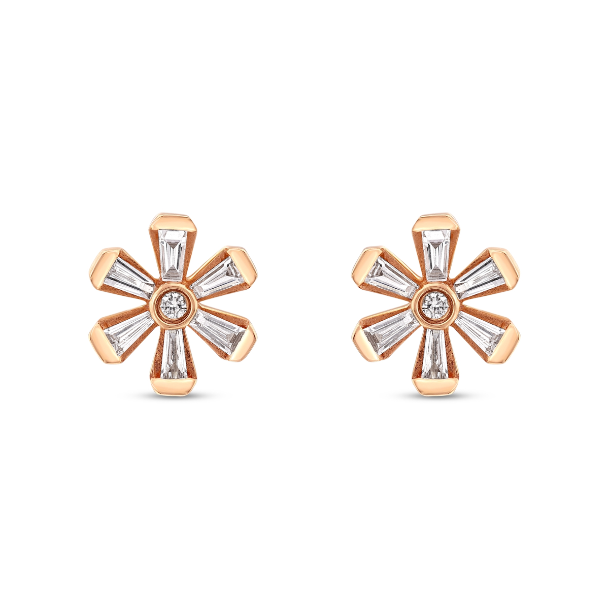 Pair of tapered baguette natural diamond flower stud earrings in 18K solid rose gold, front view