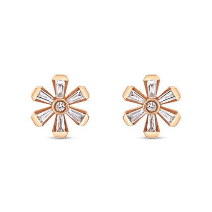 Pair of tapered baguette natural diamond flower stud earrings in 18K solid rose gold, front view