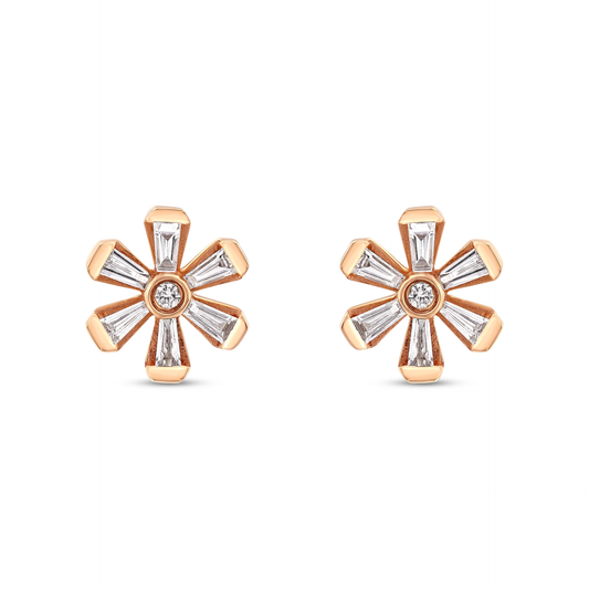 Pair of tapered baguette natural diamond flower stud earrings in 18K solid rose gold, front view
