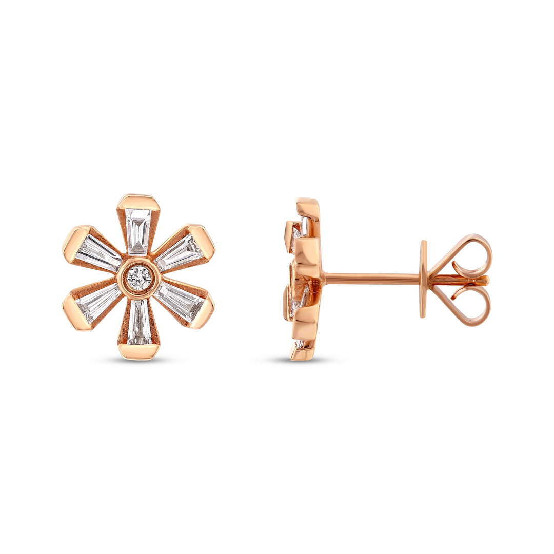 Tapered baguette natural diamond flower stud earring in 18K rose gold, front and side view with butterfly back