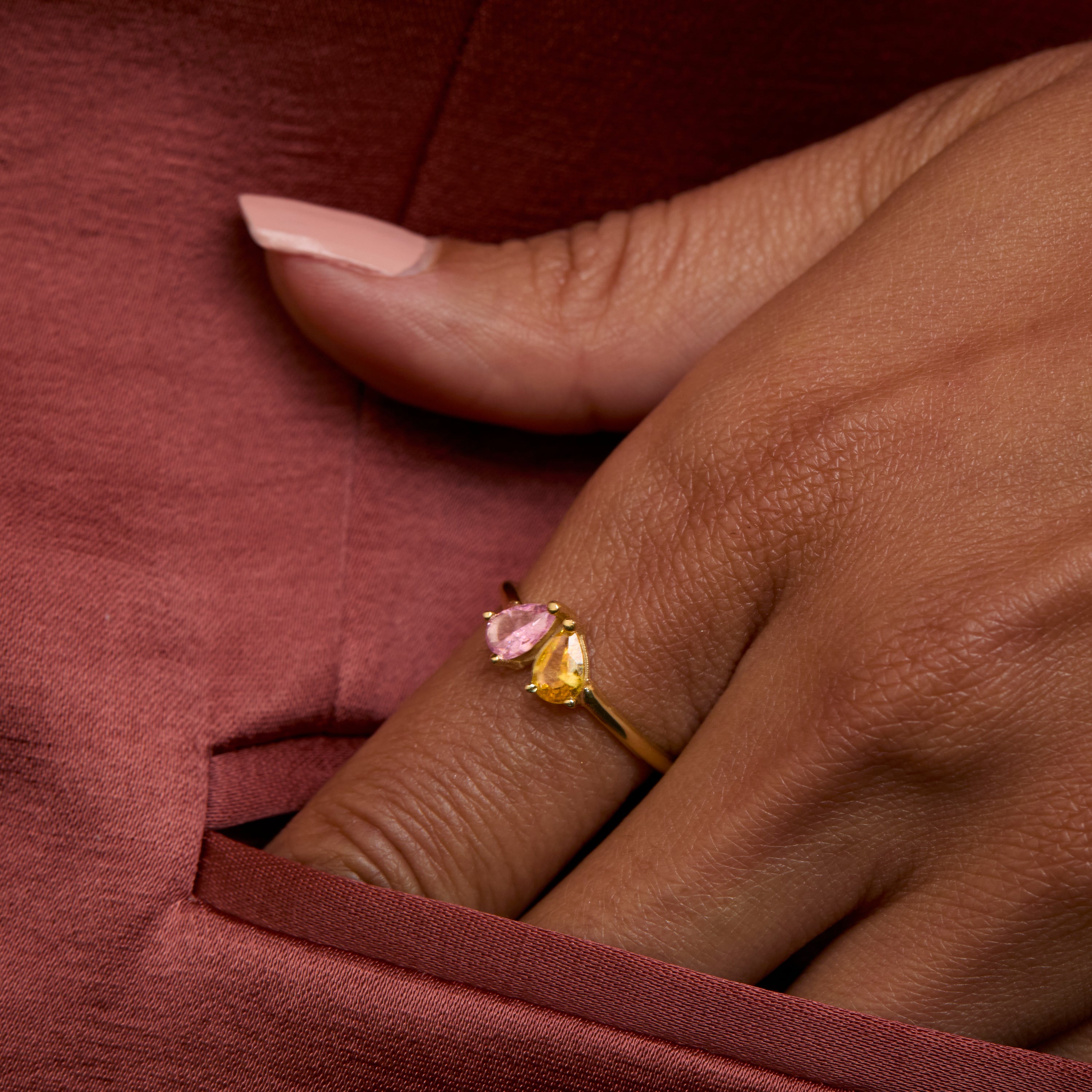 Macro detail of the Teardrop Birthstone Ring: Birthstone set in 18K Gold Vermeil. Tarnish-resistant, handmade jewelry.