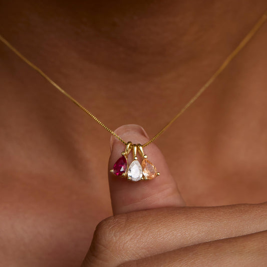 The Teardrop Birthstone Necklace styled in 18K Gold Vermeil — elegant everyday jewelry. Hypoallergenic, no green marks.