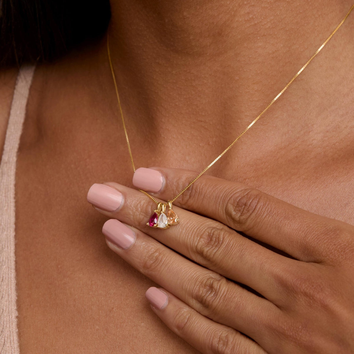 The Teardrop Birthstone Necklace worn in 18K Gold Vermeil — refined accessory for women. Safe for sensitive skin.