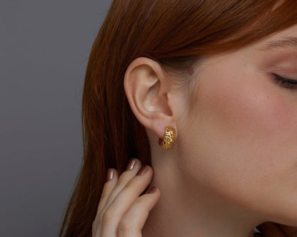 Textured Hinged Huggie Hoop Earrings as a thoughtful birthday gift in 18K Gold Vermeil. Hypoallergenic for sensitive ears.