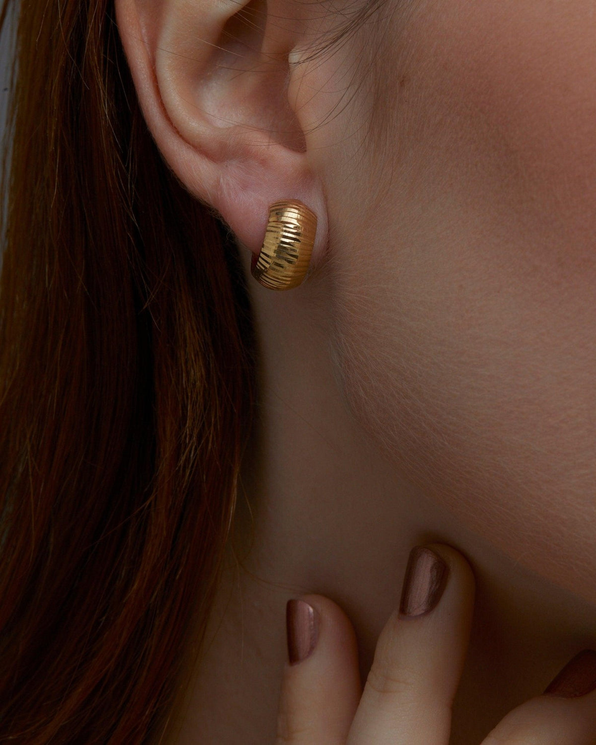 Textured Huggie Earrings in Glamour Jewelry House gift box — 18K Gold Vermeil anniversary gift. No green marks.