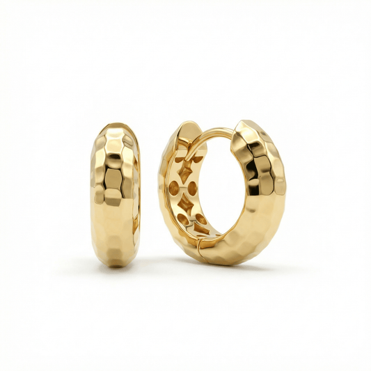 Textured Huggie Hoop Earrings in 18K Gold Vermeil. No green marks, perfect for daily wear.