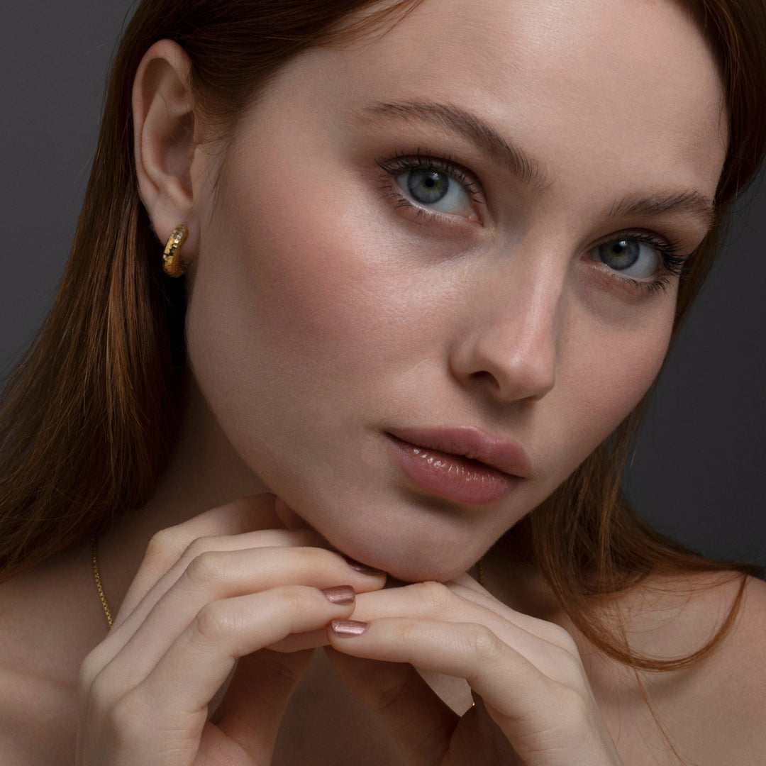 Textured Huggie Hoop Earrings in Glamour Jewelry House gift box — 18K Gold Vermeil graduation gift. No green marks.
