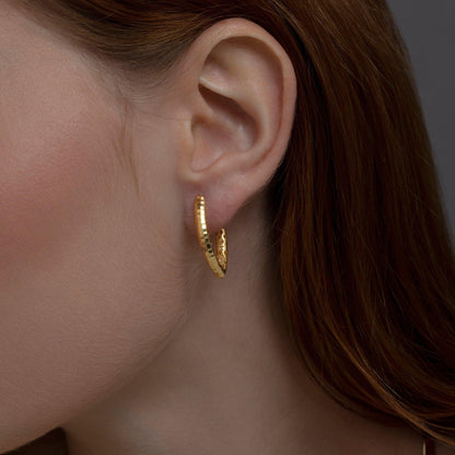Close detail of the Textured Statement Hoop Earring in 18K Gold Vermeil. Tarnish-resistant, premium handmade jewelry.