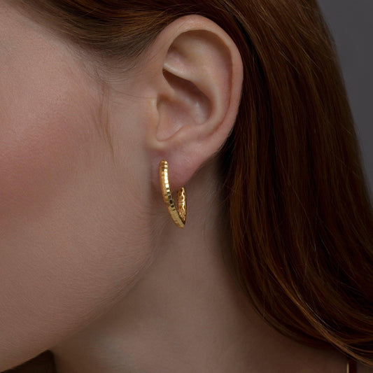 Close detail of the Textured Statement Hoop Earring in 18K Gold Vermeil. Tarnish-resistant, premium handmade jewelry.