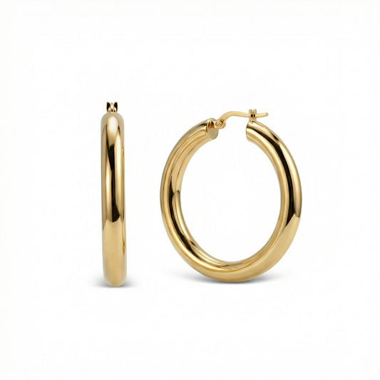 Thick Hoop Earrings in 18K Gold Vermeil. No green marks, perfect for daily wear.