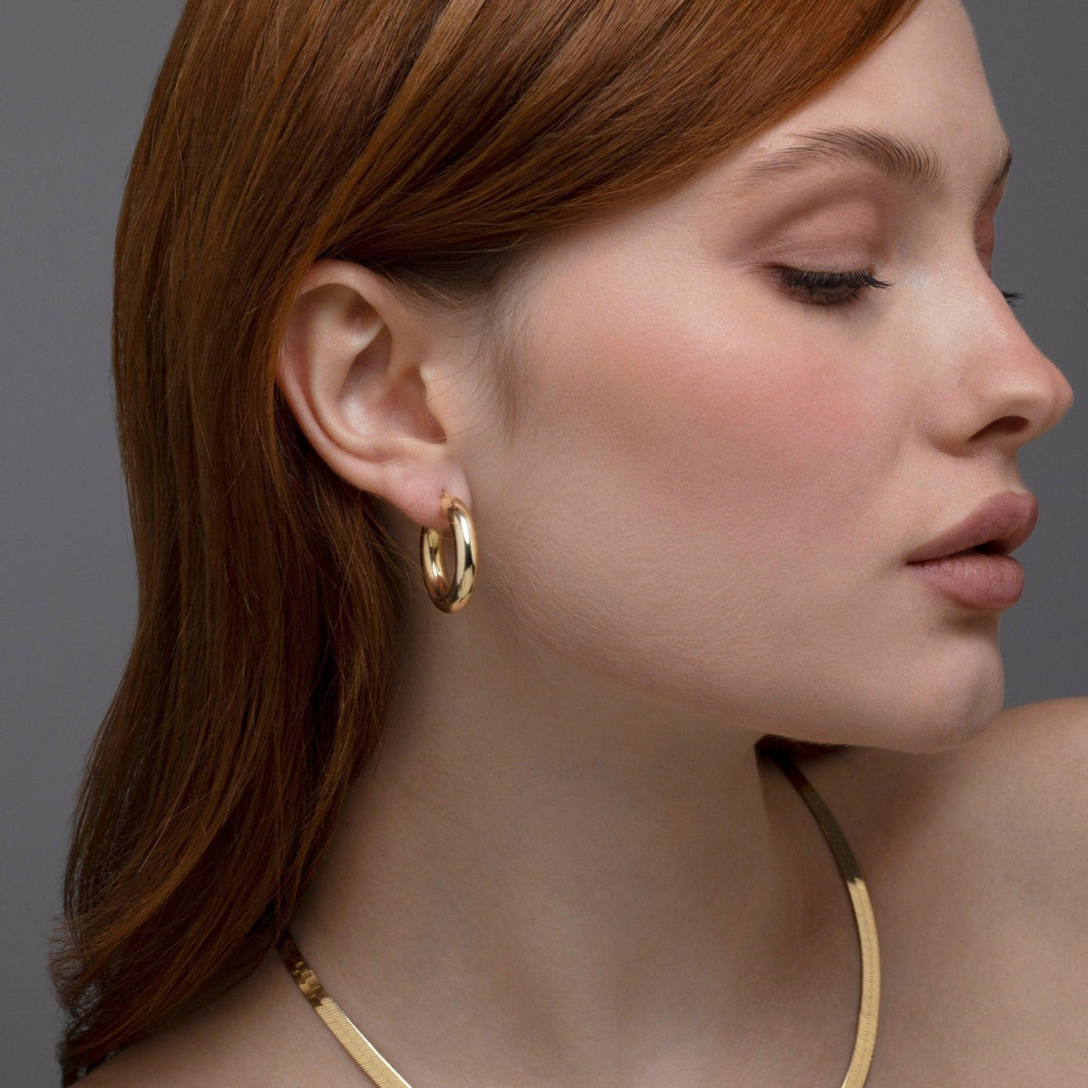 Thick Hoop Earrings in Glamour Jewelry House gift box — 18K Gold Vermeil anniversary gift. No green marks.