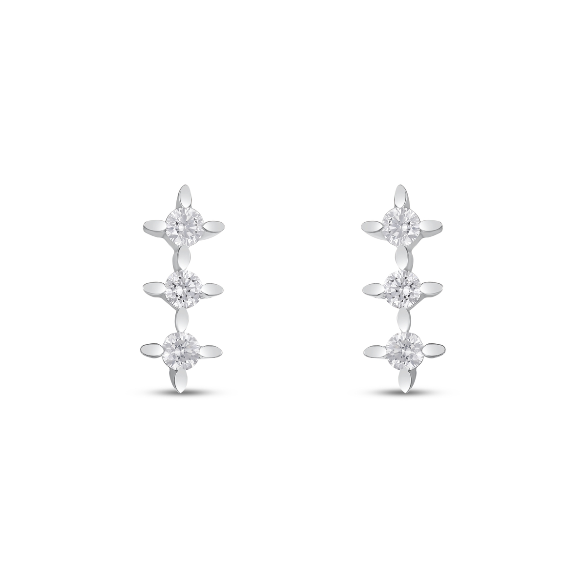 Pair of three-star natural diamond drop stud earrings in 14K solid white gold, front view