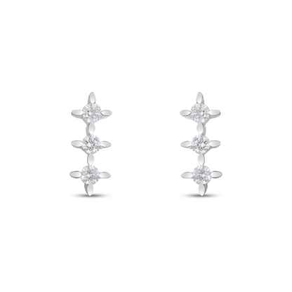 Pair of three-star natural diamond drop stud earrings in 14K solid white gold, front view