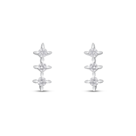 Pair of three-star natural diamond drop stud earrings in 14K solid white gold, front view