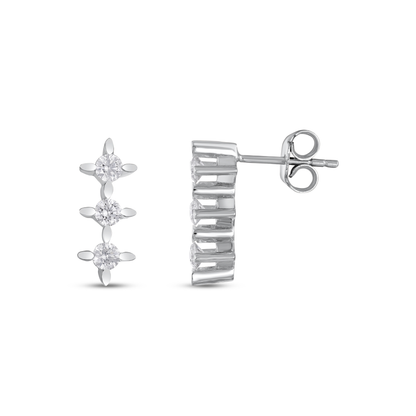 Three-star natural diamond drop stud earring in 14K white gold, front and side view with butterfly back
