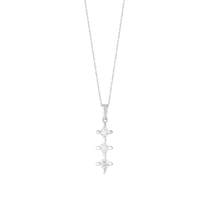 Three-stone natural diamond star drop pendant necklace in 14K white gold on a fine cable chain, front view