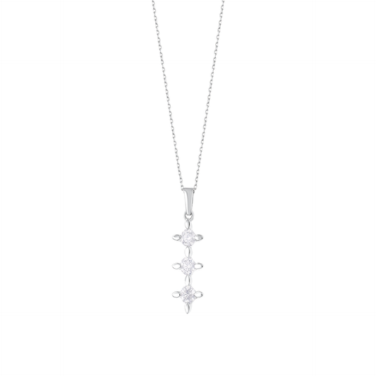 Three-stone natural diamond star drop pendant necklace in 14K white gold on a fine cable chain, front view