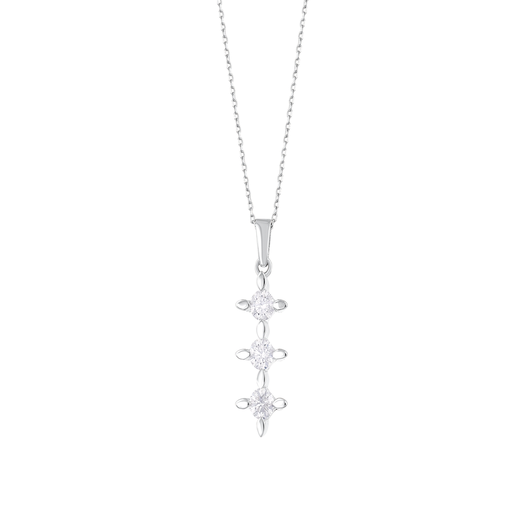 Close-up of the three round natural diamonds in four-claw star settings joined by leaf-shaped links, 14K white gold