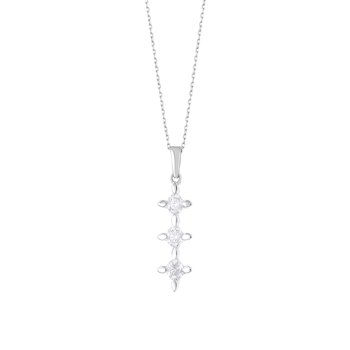 Close-up of the three round natural diamonds in four-claw star settings joined by leaf-shaped links, 14K white gold