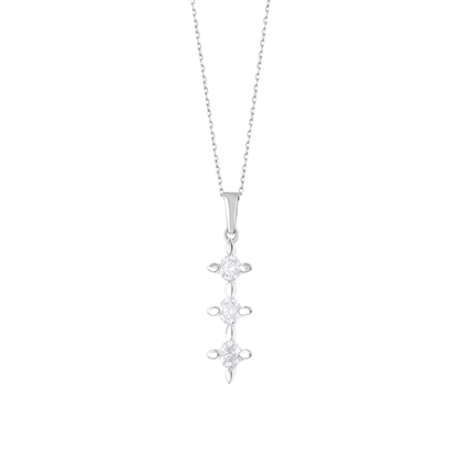Close-up of the three round natural diamonds in four-claw star settings joined by leaf-shaped links, 14K white gold