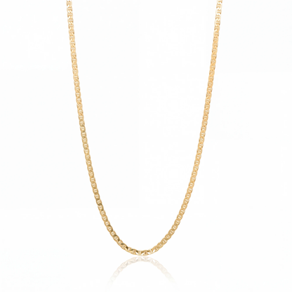 Traversino chain necklace in 18K gold, 2.5 mm flat mariner link chain on white background