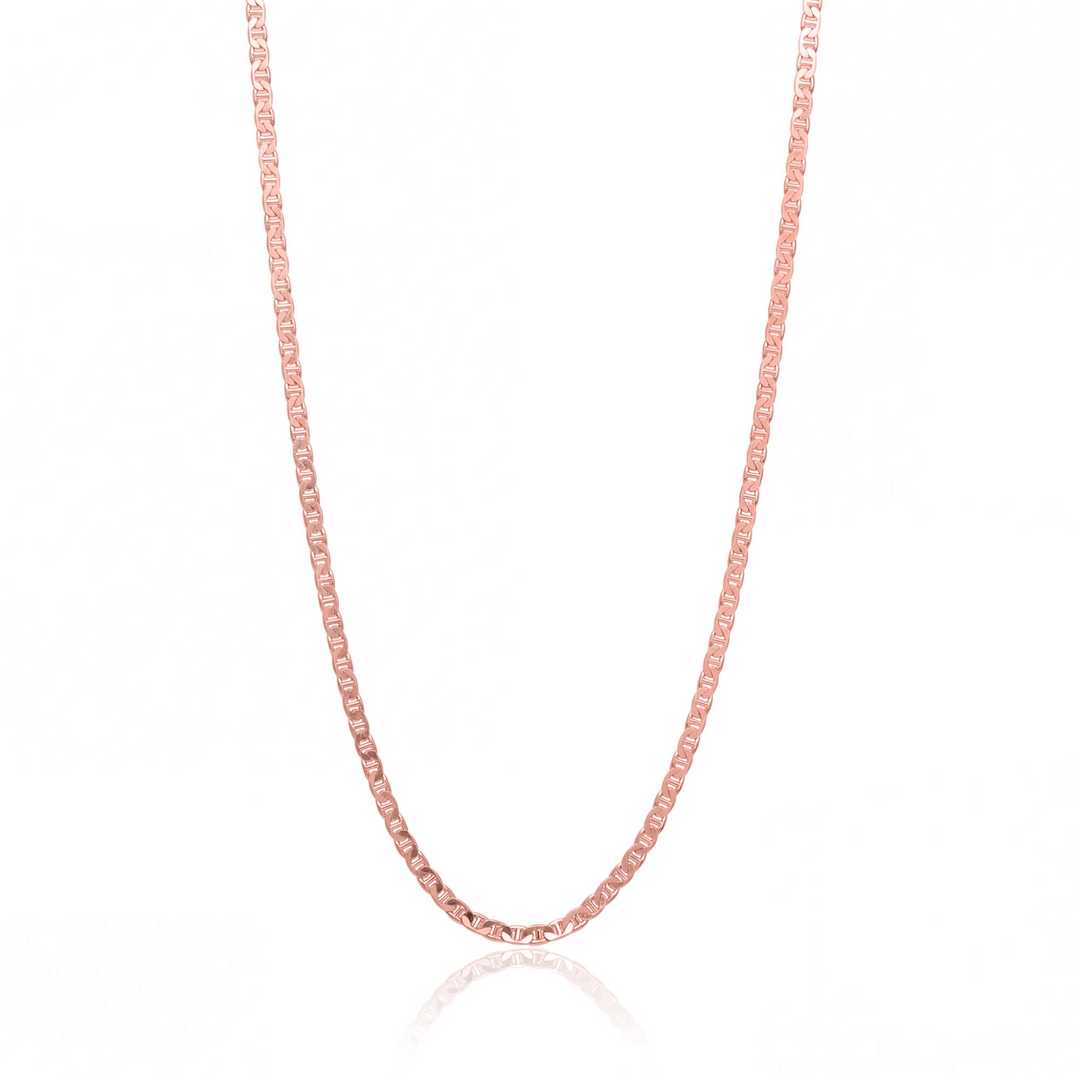 Rose gold traversino chain necklace, 2.5 mm flat mariner link chain on white background