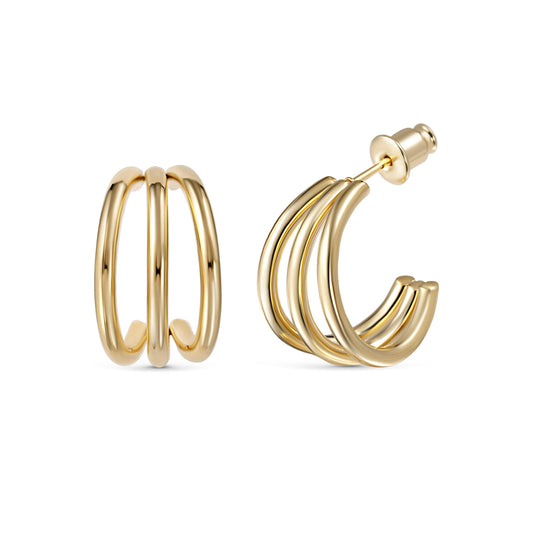 Gold Triple Hoop Earrings in Gold-Plated Steel. No green marks, perfect for daily wear.