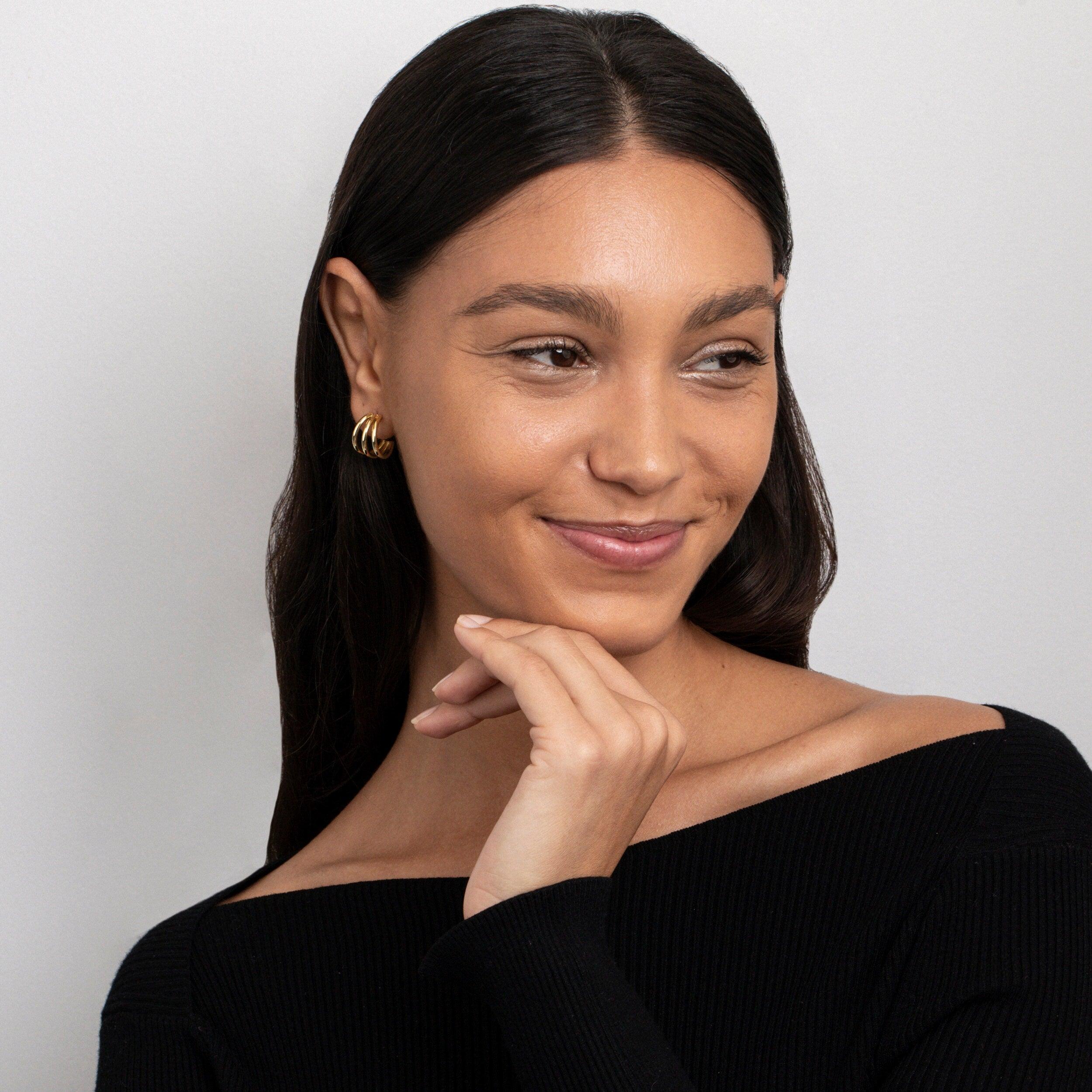 Gold Triple Hoop Earrings in Glamour Jewelry House gift box — Gold-Plated Steel anniversary gift. No green marks.