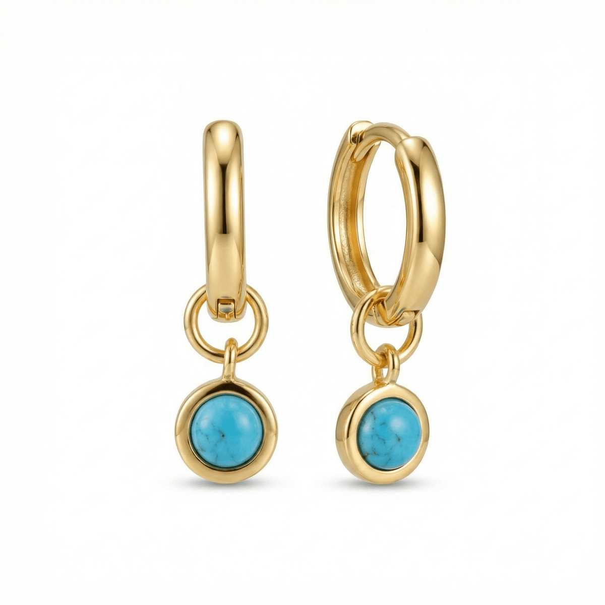 Turquoise Drop Hoop Earrings in 18K Gold Vermeil with Turquoise. No green marks, perfect for daily wear.