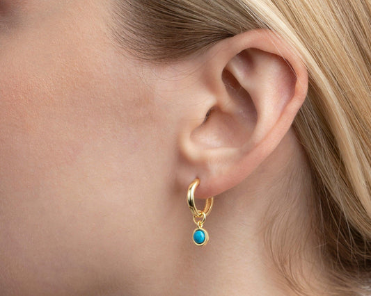 Close detail of the Turquoise Drop Hoop Earrings in 18K Gold Vermeil with Turquoise. Tarnish-resistant, premium handmade.
