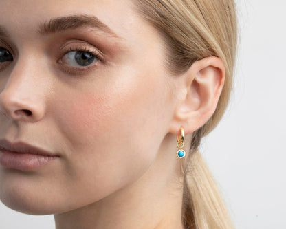 Turquoise Drop Hoop Earrings in Glamour Jewelry House gift box — 18K Gold Vermeil daily wear gift. No green marks.