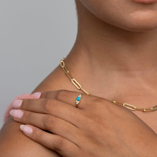 Close detail of the Turquoise Natural Stone Ring in 18K Gold Vermeil with CZ Diamond and Turquoise. Hypoallergenic, no.