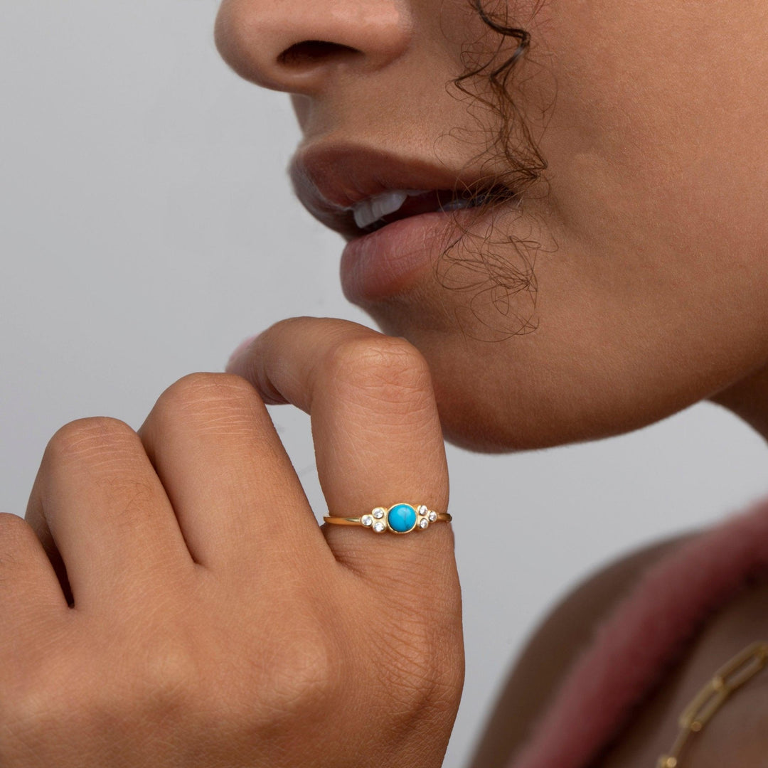 The Turquoise Natural Stone Ring styled in 18K Gold Vermeil — elegant everyday jewelry. Tarnish-resistant.